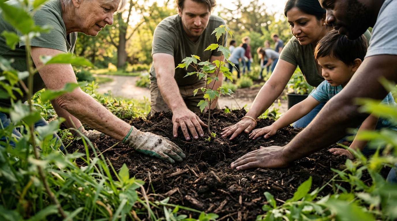 Community members planting a young tree together